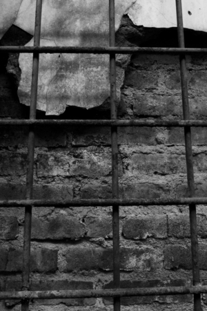Damaged wall behind window trellis in Black and White pictureの写真素材