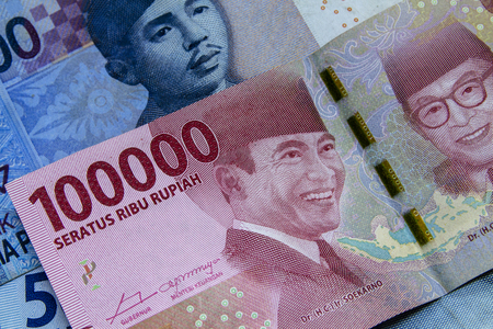 Mixed Indonesian banknotes in a close-up pictureの写真素材