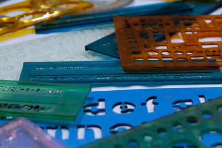 Old vintage lettering guide to writing uniform charactersの写真素材