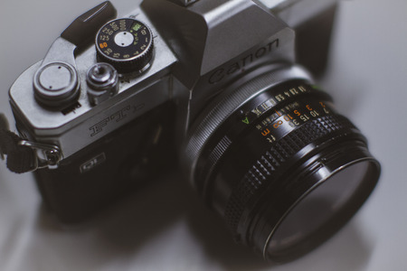 Old vintage Canon SLR camera, Vintage Canon FTB QL 35mm Film SLR Camera W/ FD 50mm F/1.8 Lensのeditorial素材