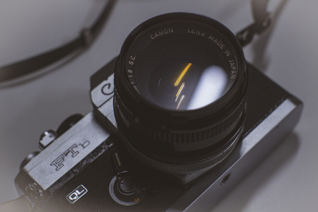 Old vintage Canon SLR camera, Vintage Canon FTB QL 35mm Film SLR Camera W/ FD 50mm F/1.8 Lensのeditorial素材