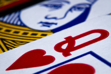 Macro shot playing cards, queen of hearts close-up pictureの写真素材