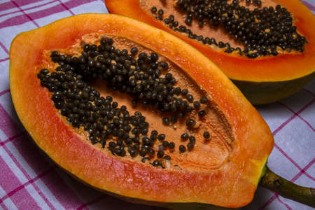 Papaya cut in half closeup pictureの写真素材