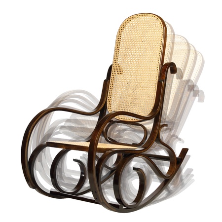 dark brown rocking chair with yellow braided back and seat. There are different phases of movement.の写真素材