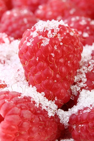 close-up ripe red raspberries sprinkled with sugar