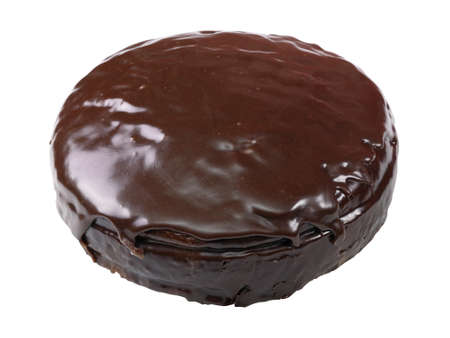 glazed with chocolate round cake isolated on white background.の写真素材