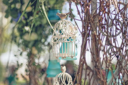 White decorative cage with beautiful flowers suspension cellsの写真素材