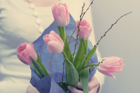 bouquet of pink tulips gentle tones flowerの写真素材