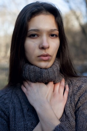 Outdoor fashion photo of young beautiful lady in a birch forest october, outdoor, romantic, season,...