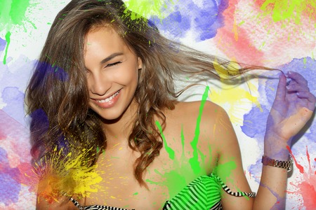 Perfect toothy smile. Caucasian young girl close up portrait. happy positive girl. colorful...