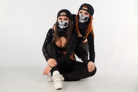 portrait of two beautiful girls breakdancers peopleの写真素材