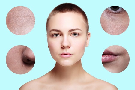 concept skincare. Skin of beauty young woman before and after the procedure on background, girl with white short hair. studio shotの写真素材