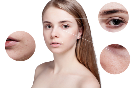 concept skincare. Skin of beauty young woman before and after the procedure on background, girl with long white hair. studio shotの写真素材