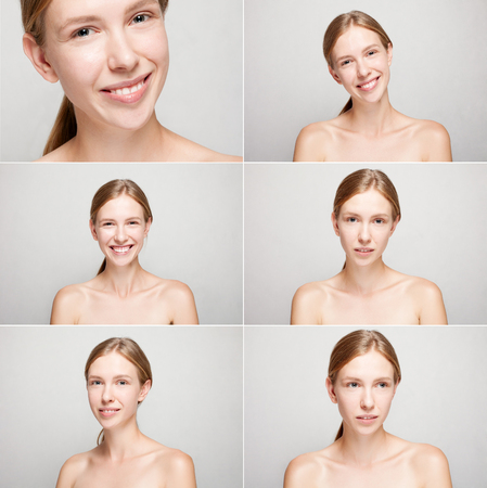 Beautiful Face of Young Woman with Clean Fresh Skin close up isolated on white. Beauty Portrait. Beautiful Spa Woman Smiling. Perfect Fresh Skin. Pure Beauty Model. Youth and Skin Care Conceptの写真素材