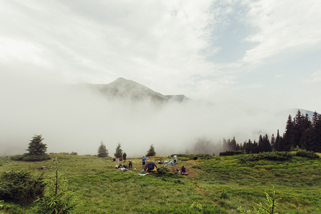 tourism, mountains, lifestyle, nature concept - Forested mountain slope in low lying cloud with the evergreen conifers shrouded in mist in a scenic landscape viewの写真素材