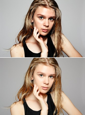 Before and after cosmetic operation. Young pretty woman portrait, isolated on a white background. Before and after cosmetic or plastic procedure, anti-age therapyの写真素材