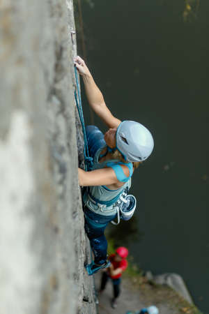 fitness, extreme sport and healthy lifestyle concept - Portrait of woman wtite safety helmet....
