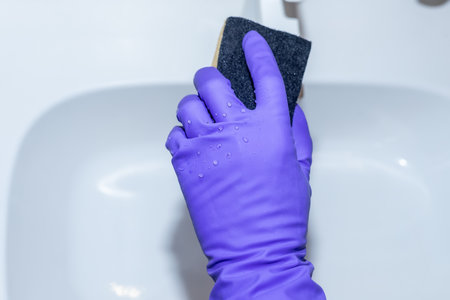 close-up of a man's hand in a medical nitrile glove holding an orange sponge. Wash the faucet on the white sink in the bathroom. Cleaning plumbing at home.の写真素材