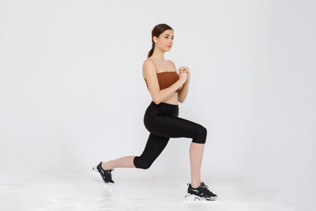 Fitness meets style! A sexy brunette showcases sportswear on a white background, offering a clean canvas with space for your text or logo.の写真素材