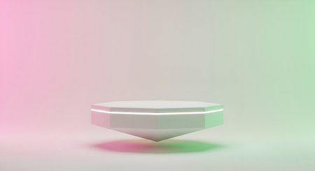 A clean hexagonal podium levitates in a soft pink-green gradient space. Trimmed with subtle neon, it's perfect for elegant tech, cosmetics, or product presentation visuals.の素材