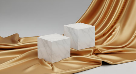 White marble blocks set against smooth, golden silk fabric for Product display or showcase. This luxurious still-life setup highlights a minimalistic and elegant feel.の素材