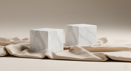 Two white marble blocks rest on soft beige silk fabric, creating an elegant, minimalist setting for product showcase or product display.の素材