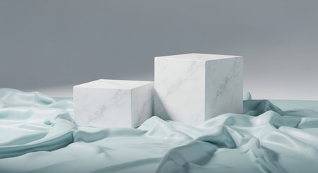 Two white marble blocks placed on soft blue silk fabric, creating an elegant and minimalist composition for product showcase or display.の素材
