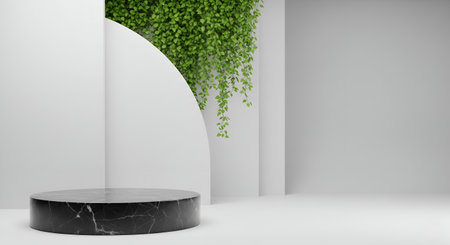 Minimalist 3D rendering of a black marble product pedestal on white, with lush hanging greenery and abstract white shapes. Perfect for showcasing luxury or sophisticated products.の素材