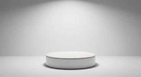 Minimalist 3D rendering of a single white and light wood round product pedestal on a white surface and background. Perfect for showcasing a solitary contemporary or organic item.の素材