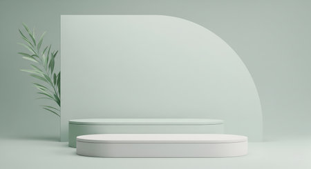 A fresh minimalist product showcase with stacked white and mint green oval platforms against a curved backdrop, accented by a delicate botanical element for a touch of nature.の素材