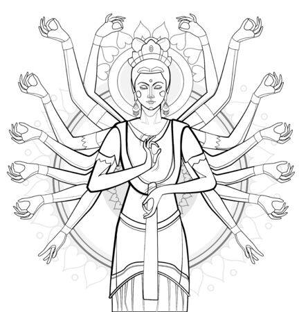 A figure of a Buddhist goddess with thousands of hands. Asian god, zen yoga, vectorのイラスト素材