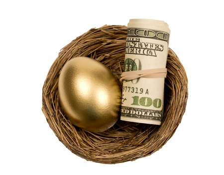 Golden Egg With Roll Of Money In Nest Isolated On Whiteの写真素材