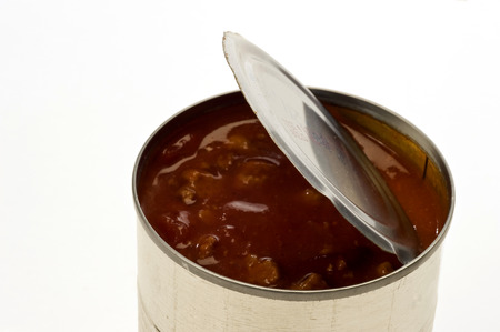 Opened Can Of Food Or Chili On White Background