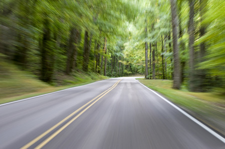 Motion blur on mountain road in forestの写真素材