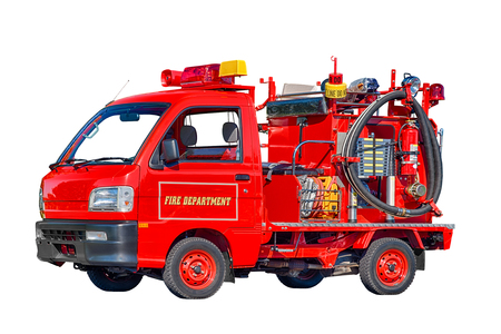 Horizontal shot of a red baby firetruck isolated on white.