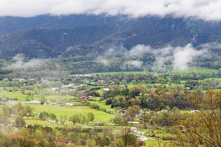 Horizontal panoramic shot of a Smoky Mountain valley rural community.の写真素材
