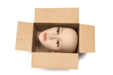 Horizontal shot of a bald woman mannequin head inside an open cardboard box with shadows. The box is turned so the head is sideways.  White background.の写真素材