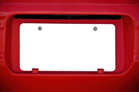 Horizontal shot of a blank white license plate on a red car.  This is a revised image.の写真素材
