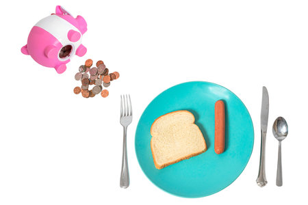 A simple illustration with one hot dog and one slice of bread along with a piggy bank spilling out a few coins.  This gives a visual illustrating the effect of high food prices on the poor.  The items are on a pure white background making it easy to arrange them to fit your ideas.の写真素材