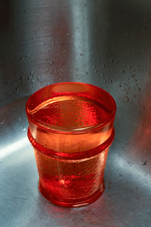 A red drinking cup full of water sitting in corner of stainless steel sink with reverse copy space above.の写真素材