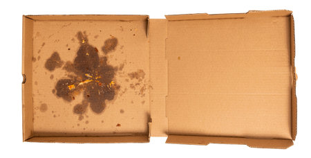 Horizontal shot of an empty pizza box with grease stains isolated on white. Copy space.の写真素材
