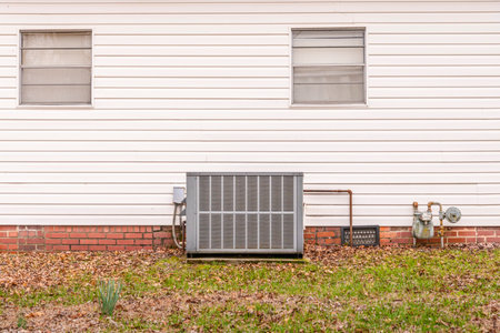 Horizontal shot of a residential air conditioner attached to the outside of a houseの写真素材