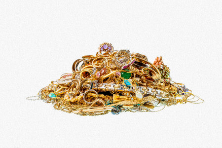 Horizontal shot of a colorful pile of jewelry isolated on white with oil paint effect.の写真素材