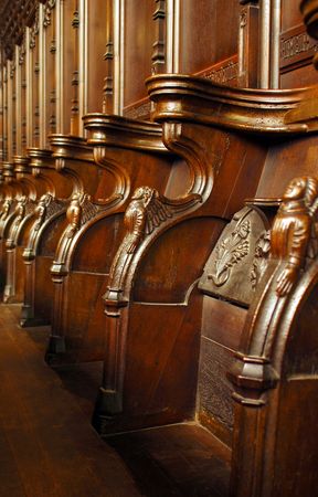 ornate elizabethan carved wooden choir stallsのeditorial素材