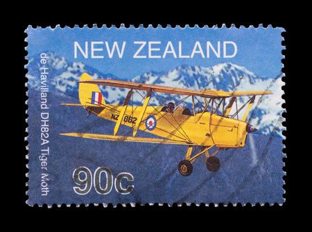 NEW ZEALAND: mail stamp celebrating the RNZAF tiger moth trainer aircraft, circa 2001の写真素材