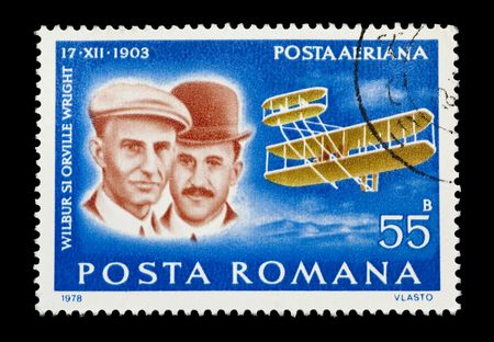 ROMANIA mail stamp showing the Wright Brothers historic first powered aircraft flightのeditorial素材