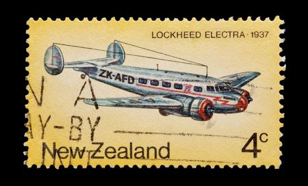 NEW ZEALAND mail stamp showing a vintage Lockheed Electra aircraftの写真素材