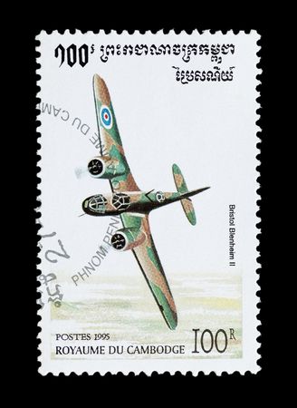mail stamp printed in Cambodia featuring an RAF Bristol Blenheim fighter bomber aircraftの写真素材