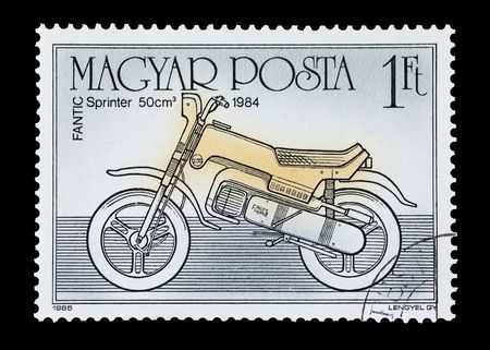 mail stamp printed in Hungary featuring a 50cc Fantic Sprinter motorcycleの写真素材