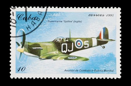 mail stamp printed in Cuba featuring an RAF Spitfire fighter aircraftの写真素材